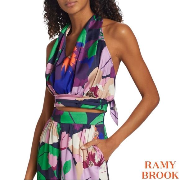 Ramy Brook **NWT** 'Robin' Spring Navy Cabana Floral Satin Halter Blouse - Picture 9 of 13